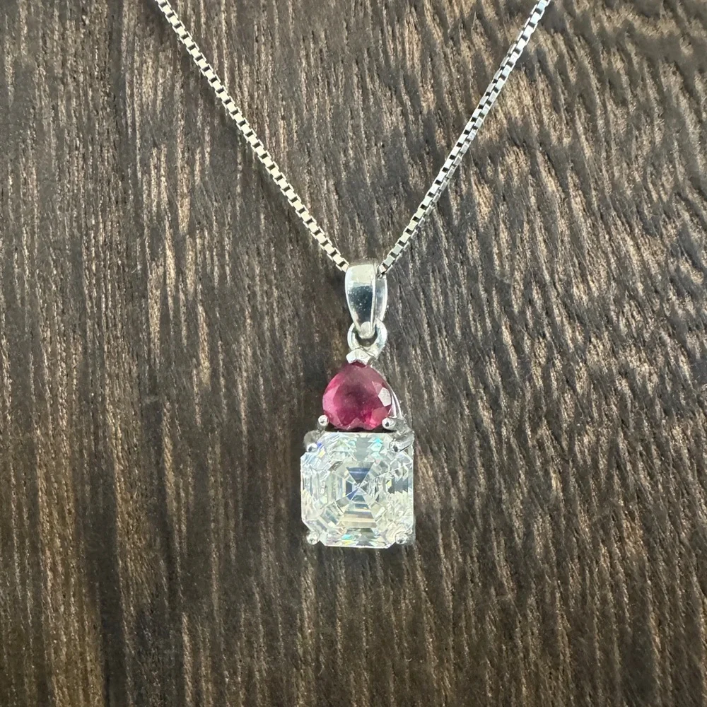 Vintage BBJ Strontium Titanate & Ruby Rhodium Over Sterling Pendant Necklace